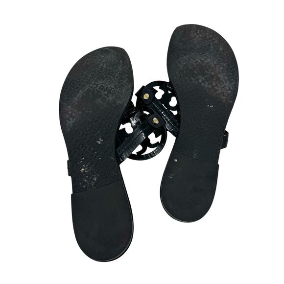 TORY BURCH Black Patent Leather Miller Classic Designer Logo Sandals Size 8.5 - Picture 7 of 10
